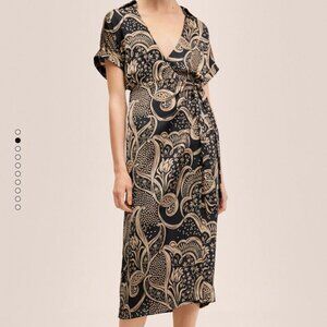 MANGO Printed Wrap Midi Dress (Black/Gold)